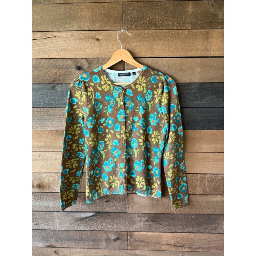 Vintage Style Brown Floral Cardigan Blue Flower Button Front Cottagecore - Picture 2 of 12